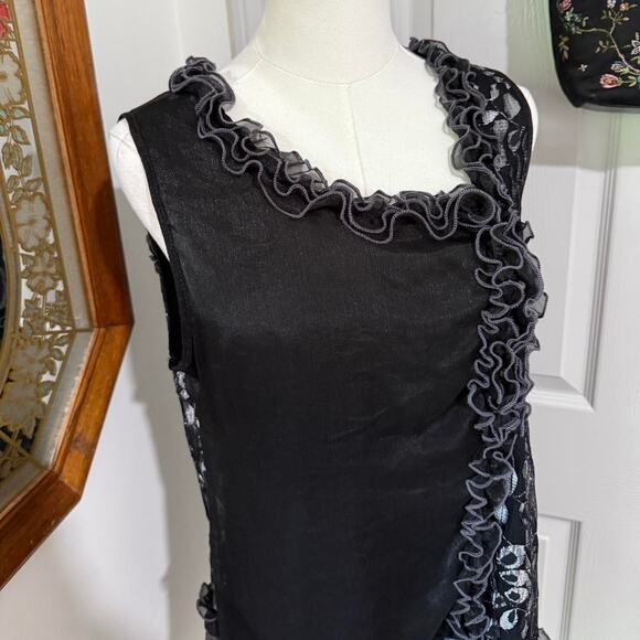 VTG Y2K Pretty Angel Black, Grey & Silver Silk Blend Grunge Ruffle Tank Top M - Picture 2 of 7